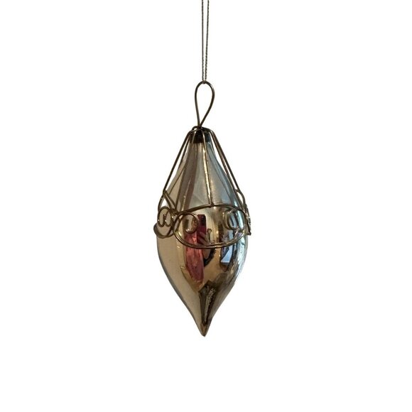 Vintage Silver Blown Glass Teardrop Christmas Ornament Wire Cage Mercury Finish - Picture 5 of 16
